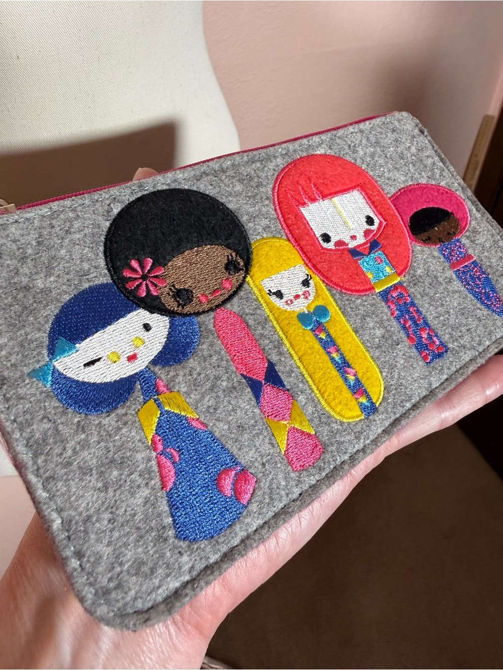 Vintage Y2K Coquette girl Embroidered felt Zipper top cosmetic bag